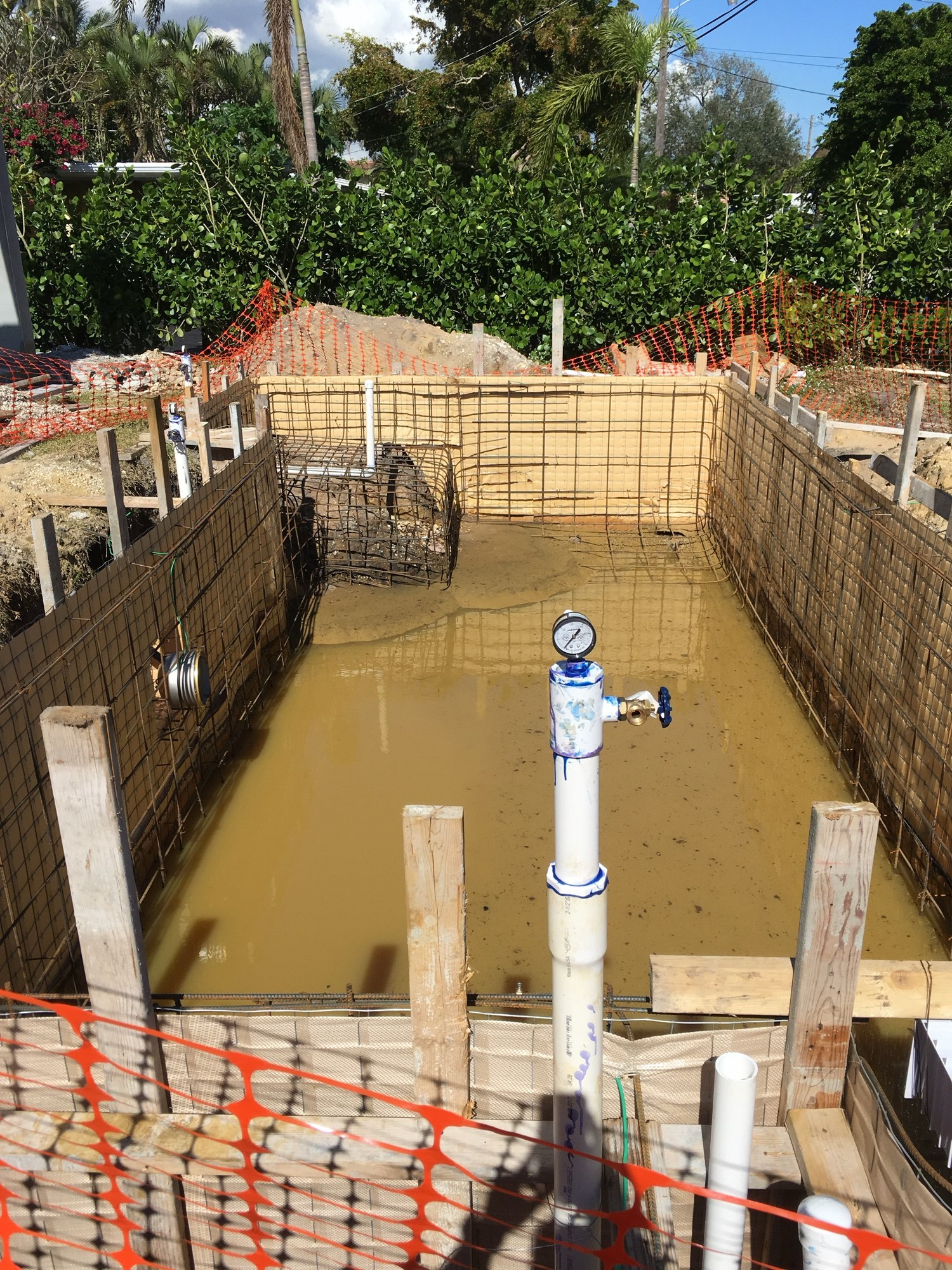 Reinforcing steel cage tied in the excavated pool with the perimeter formed and braced