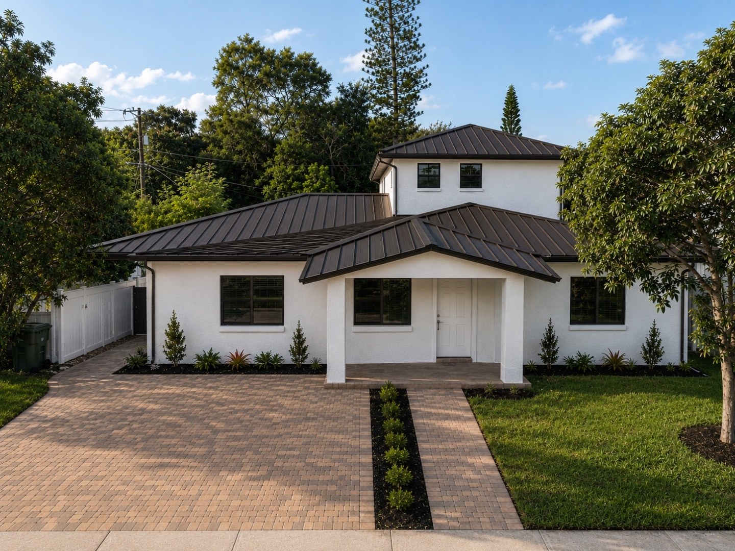 Completed two-story home renovation with white stucco, a dark standing-seam metal roof, black-framed windows, a covered entry, paver driveway and new landscaping