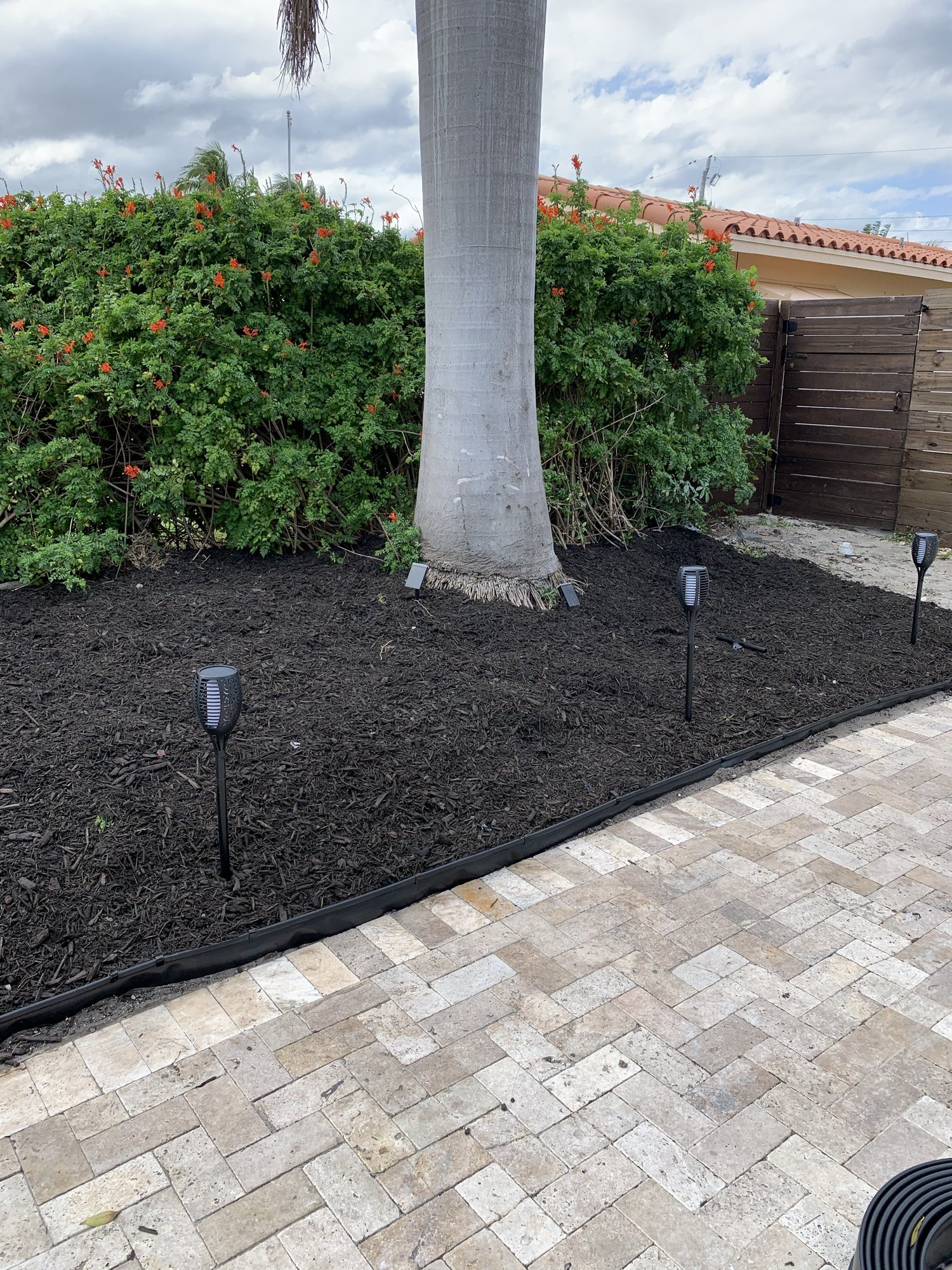 Finished landscaping with mulch bed, paver edging and low-voltage path lighting