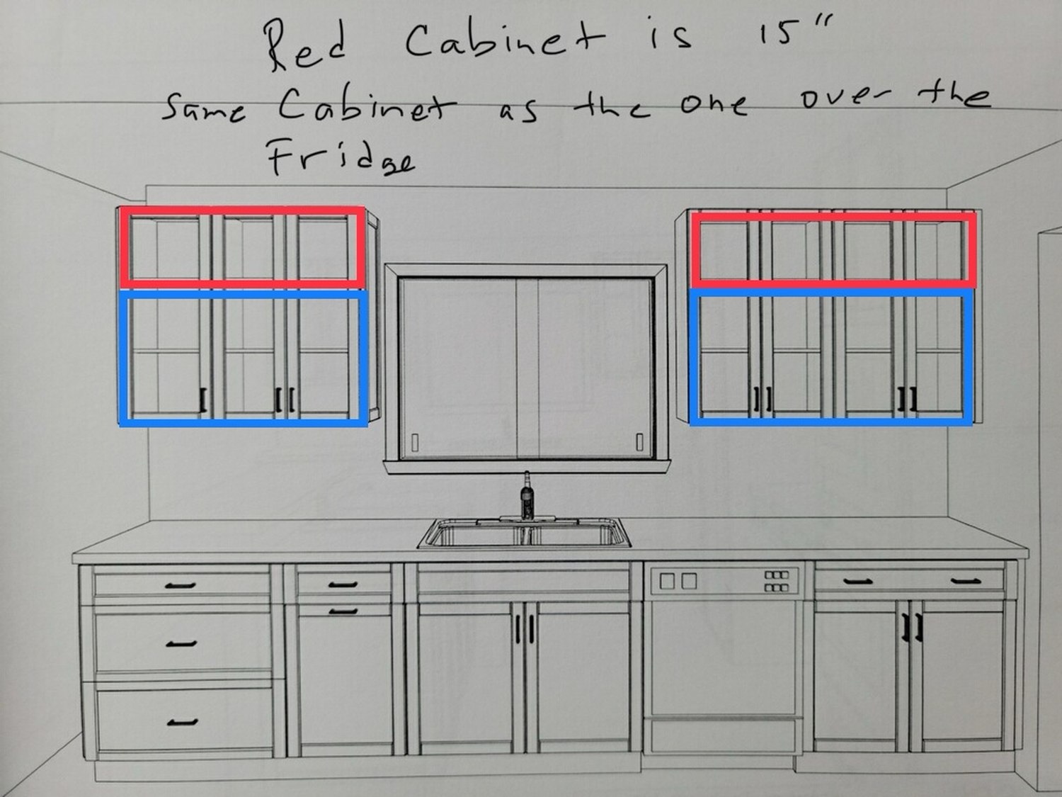 Cabinet elevation drawing with cabinet sizes marked in red and blue