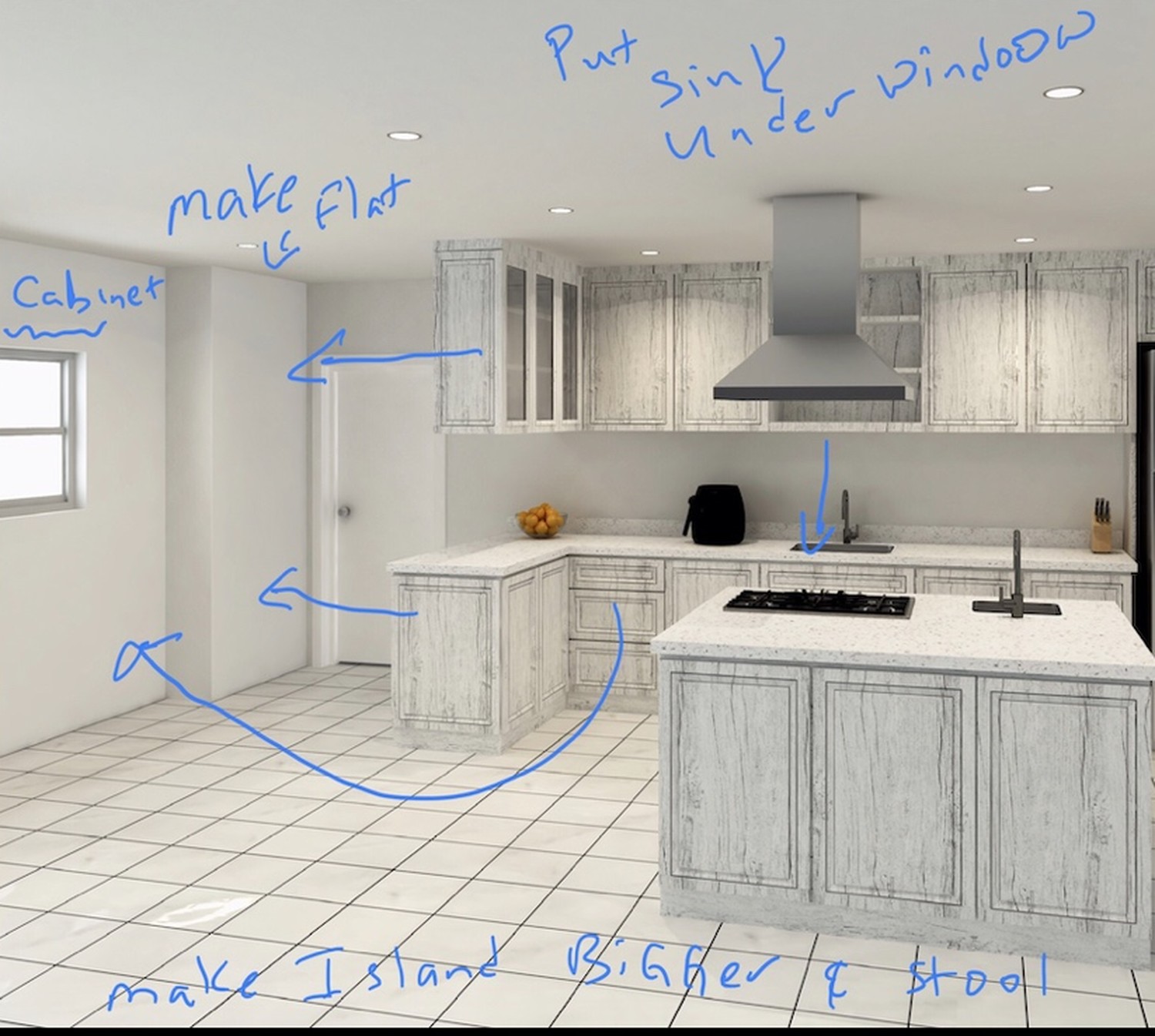 Three-dimensional kitchen rendering marked up by hand with changes to the sink, island and cabinets