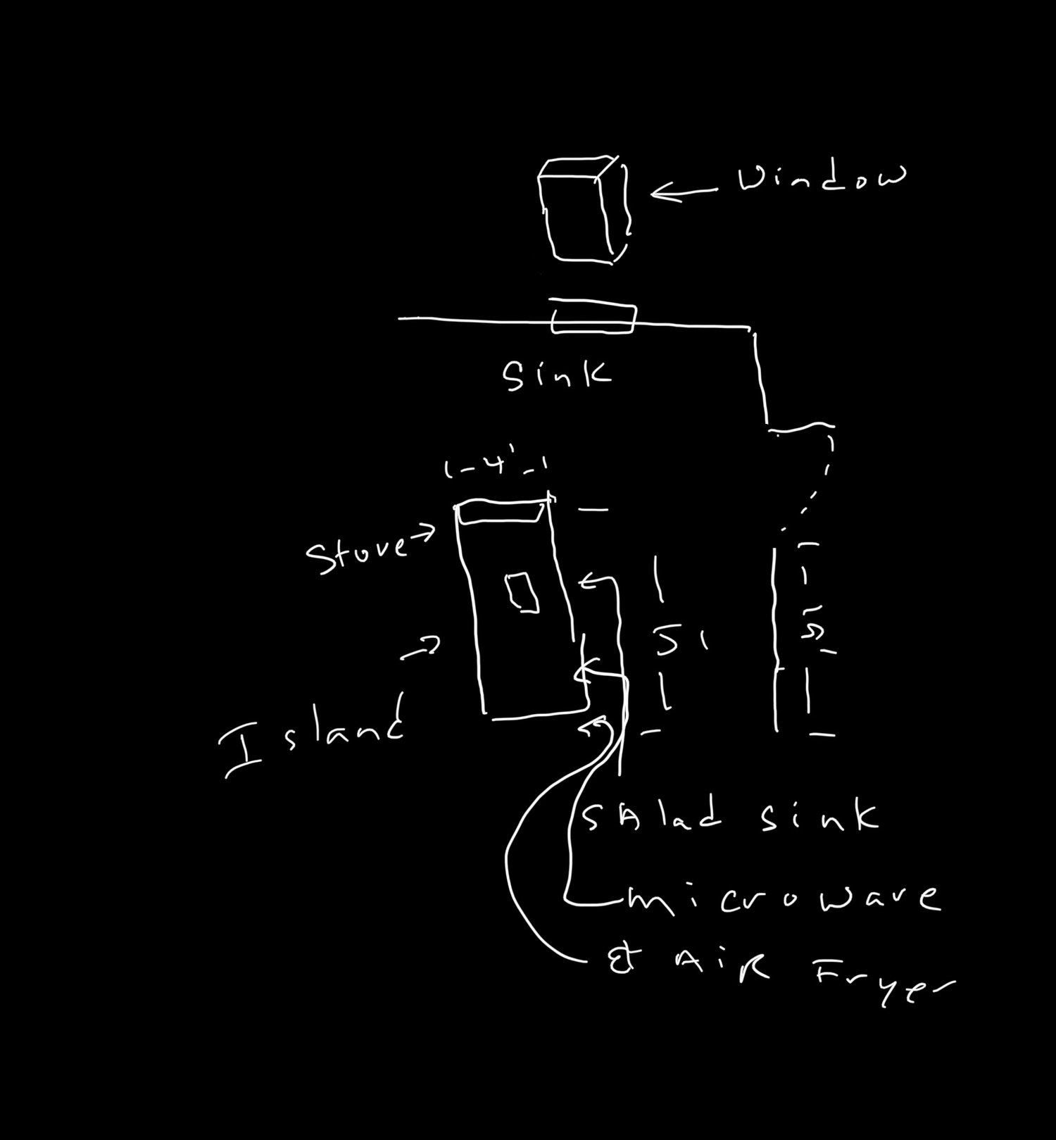 Hand sketch of the new kitchen layout showing the island, sink and stove positions