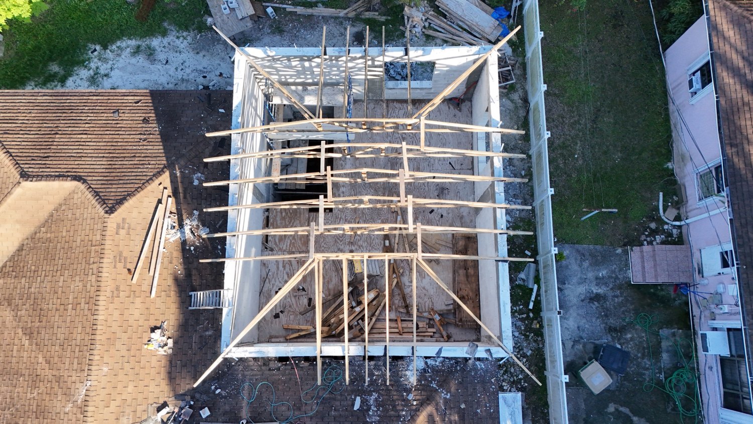 Aerial view of the new roof framing over the addition
